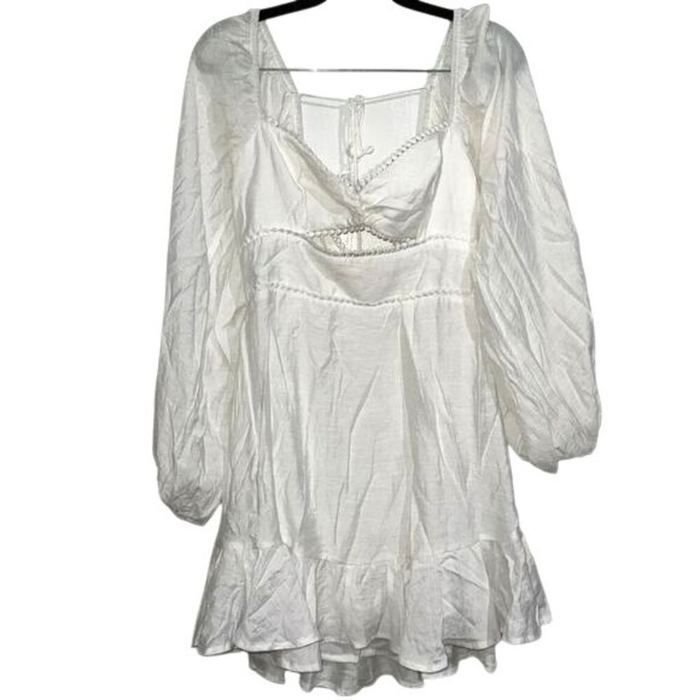 White Mini Dress With Puff Sleeves & Ruffle Hem Selfie Leslie Size M